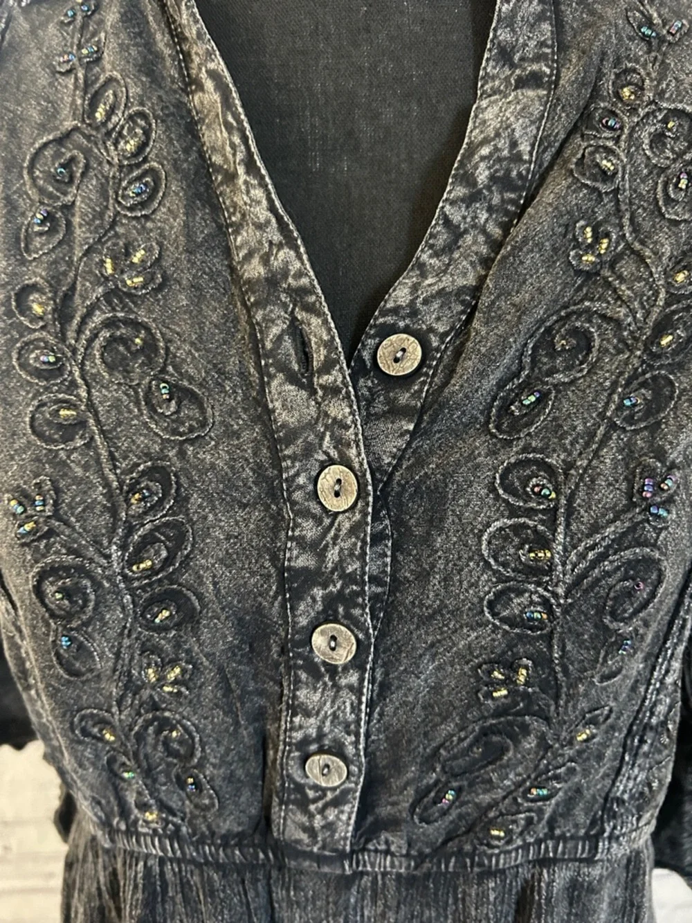 NWT Young Threads Embroidered Washed Gray Boho Tunic Dress. Medium - Picture 2 of 6